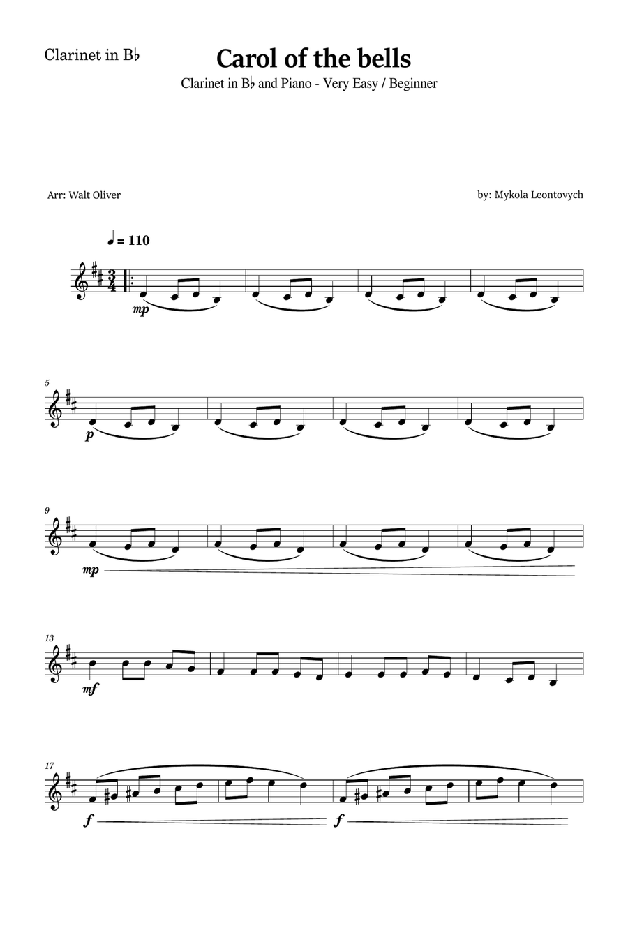 Carol of the Bells for Bb Clarinet and Piano (Very Easy - Beginner) B-Flat Clarinet scores gallery preview page 4