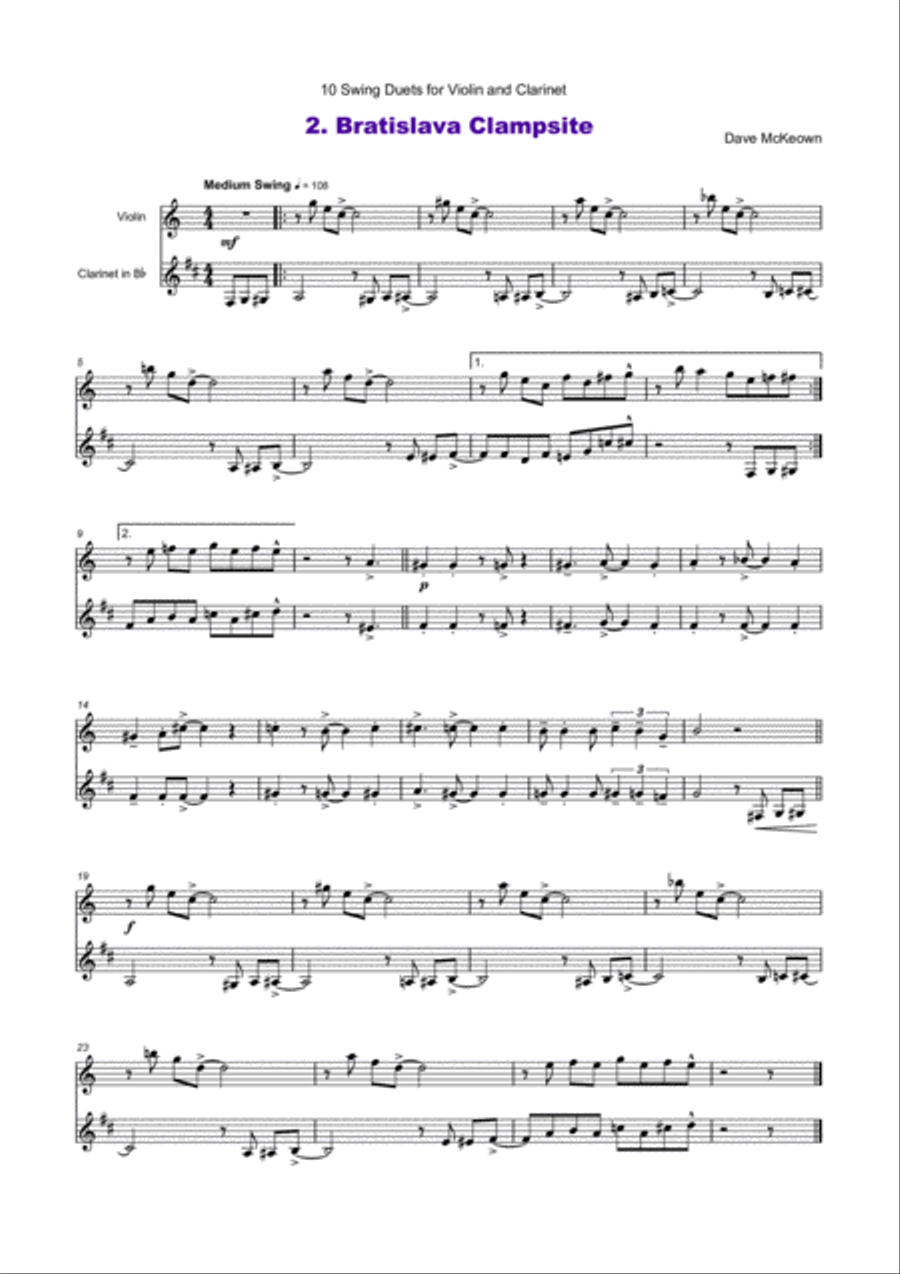 10 Swing Duets for Violin and Clarinet Clarinet scores gallery preview page 3
