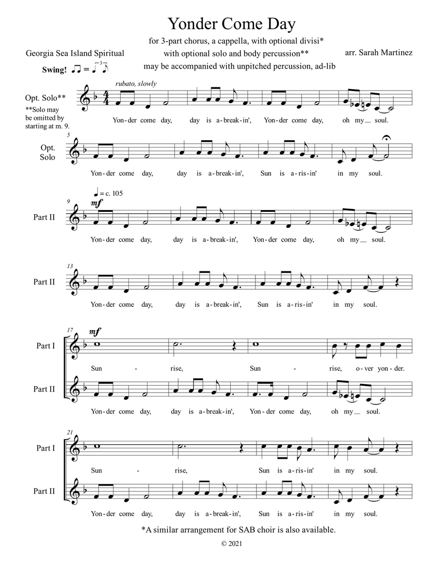 Yonder Come Day (3-Part, A Cappella) 3-Part scores gallery preview page 1