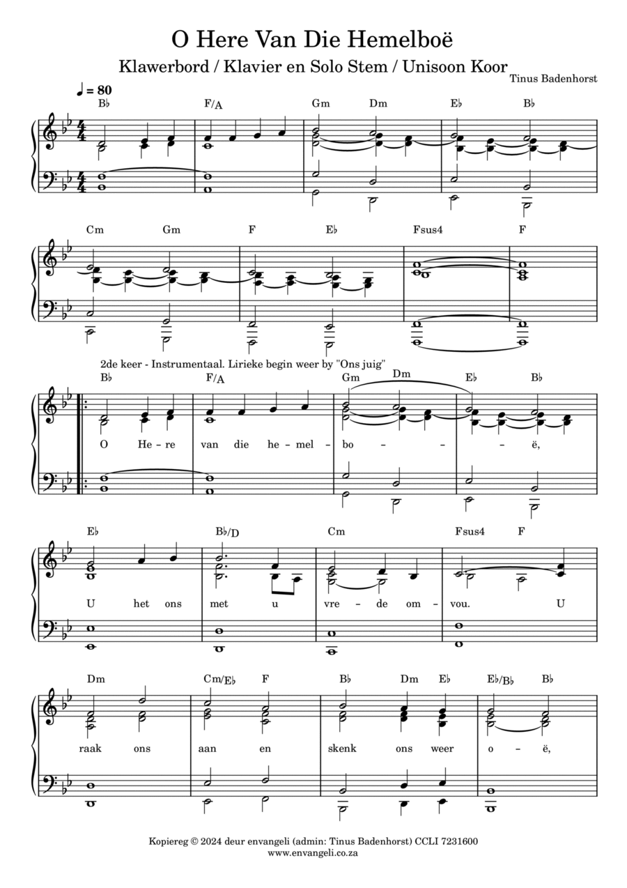 O Here Van Die Hemelboë (Envangeli) Piano, Vocal, Guitar scores gallery preview page 1