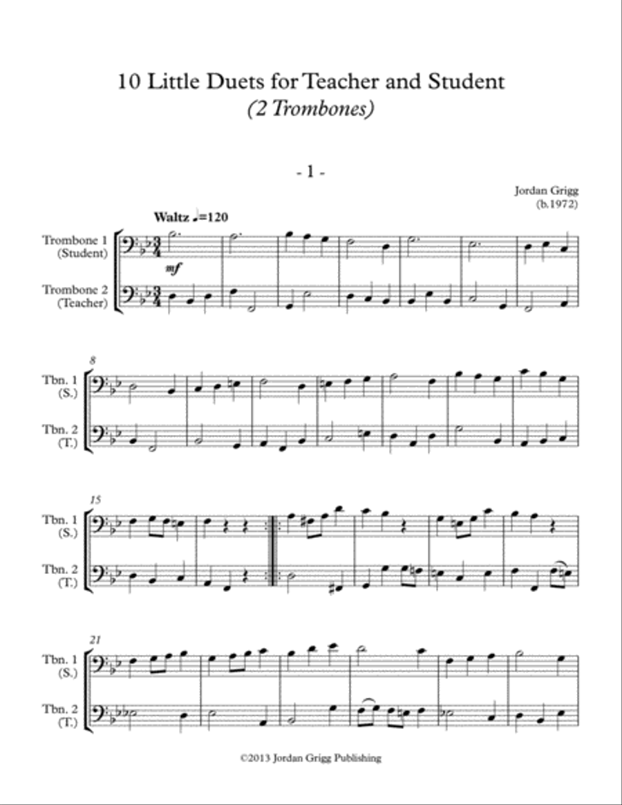 10 Little Duets for Teacher and Student (2 Trombones) Trombone Duet scores gallery preview page 1