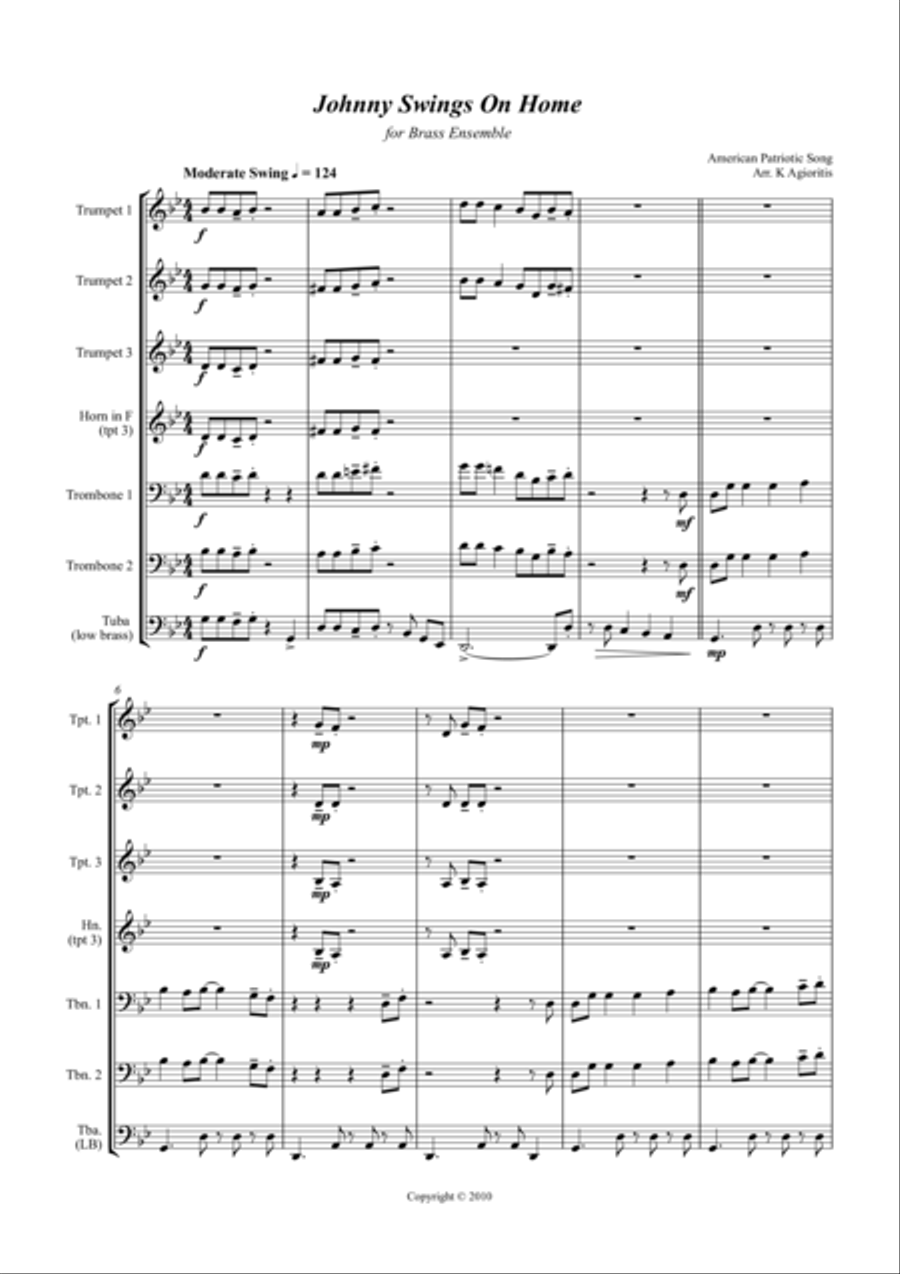 Johnny Swings On Home (When Johnny Comes Marching Home) - for Brass Ensemble Brass Ensemble scores gallery preview page 1
