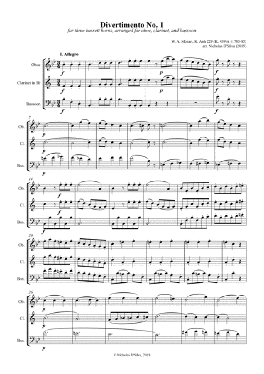 W. A. Mozart - Divertimento No. 1 in Bb, K. 439b arranged for oboe, clarinet and bassoon Woodwind Trio scores gallery preview page 3