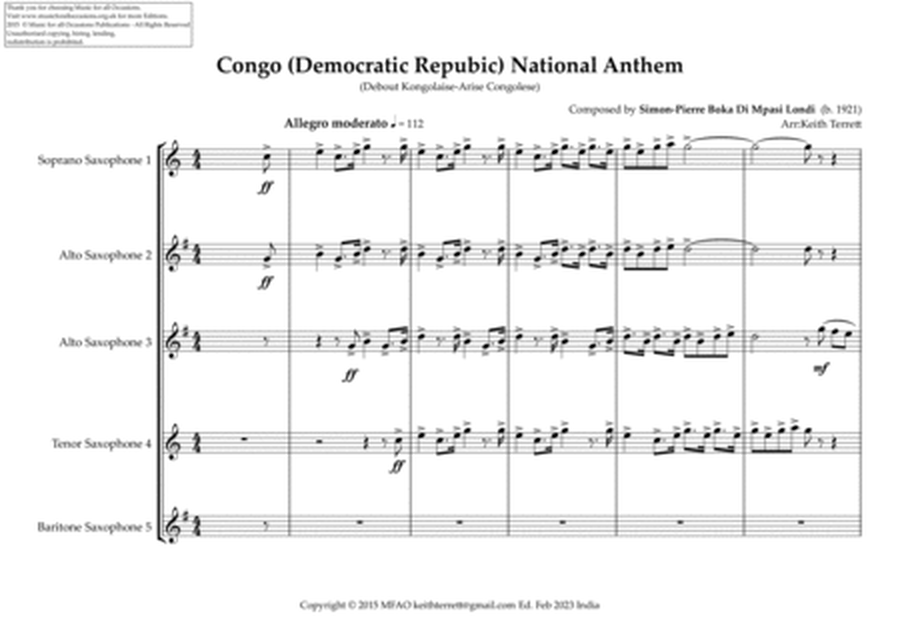 Congo (Democratic Repubic) National Anthem (Debout Kongolaise-Arise Congolese) for Saxophone Quintet image number null