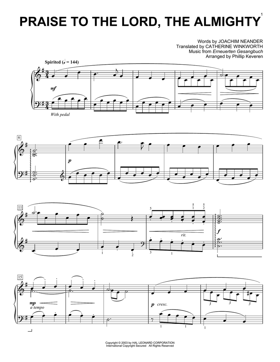 Praise To The Lord, The Almighty (arr. Phillip Keveren) Piano Solo scores gallery preview page 1