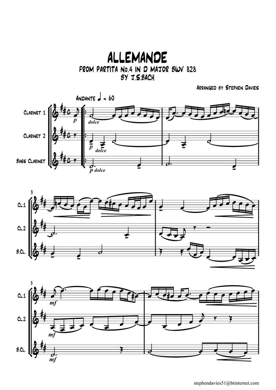 Allemande & Courante By J.S.Bach BWV828 Clarinet Trio Clarinet Trio scores gallery preview page 1