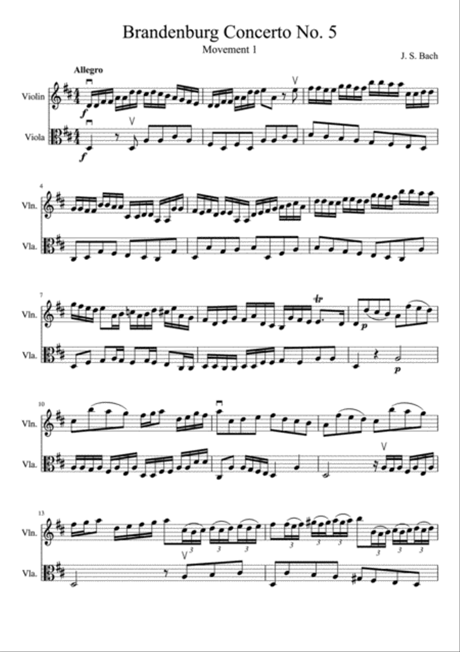 Brandenburg Concerto No. 5, Mov. 1 String Duet scores gallery preview page 2