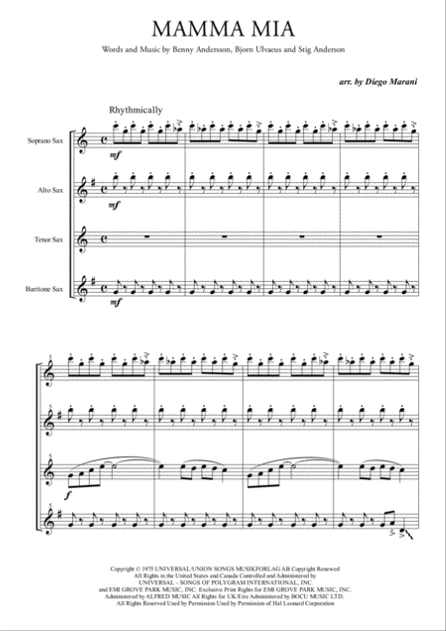 Mamma Mia Woodwind Quartet scores gallery preview page 1