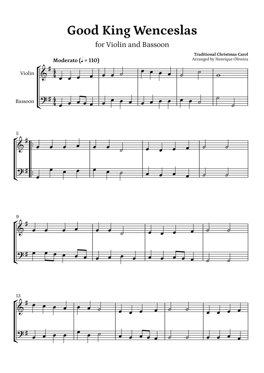 Good King Wenceslas (Violin and Bassoon) - Beginner Level image number null