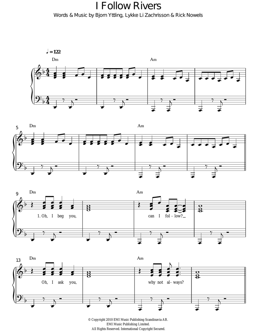 I Follow Rivers Easy Piano scores gallery preview page 1