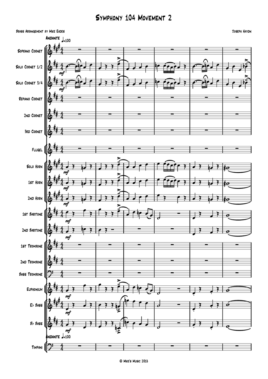 Haydn Symphony 104 Movement 2 for brass band Brass Band scores gallery preview page 1