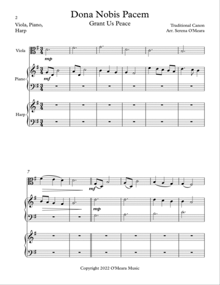 Dona Nobis Pacem, Trio for Viola, Harp, Piano Pedal Harp scores gallery preview page 2