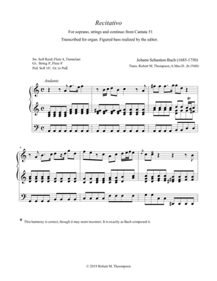 Book cover for J. A. Bach "Recitativo" from Cantata 51 transcribed for Organ Solo