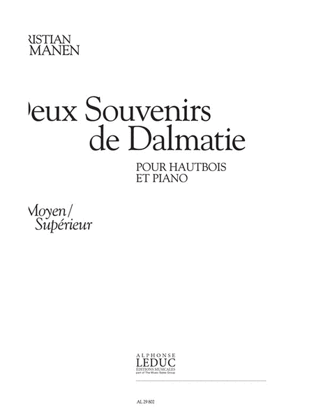 Manen 2 Souvenirs De Dalmatie Jadransko More Et Oboe & Piano Book