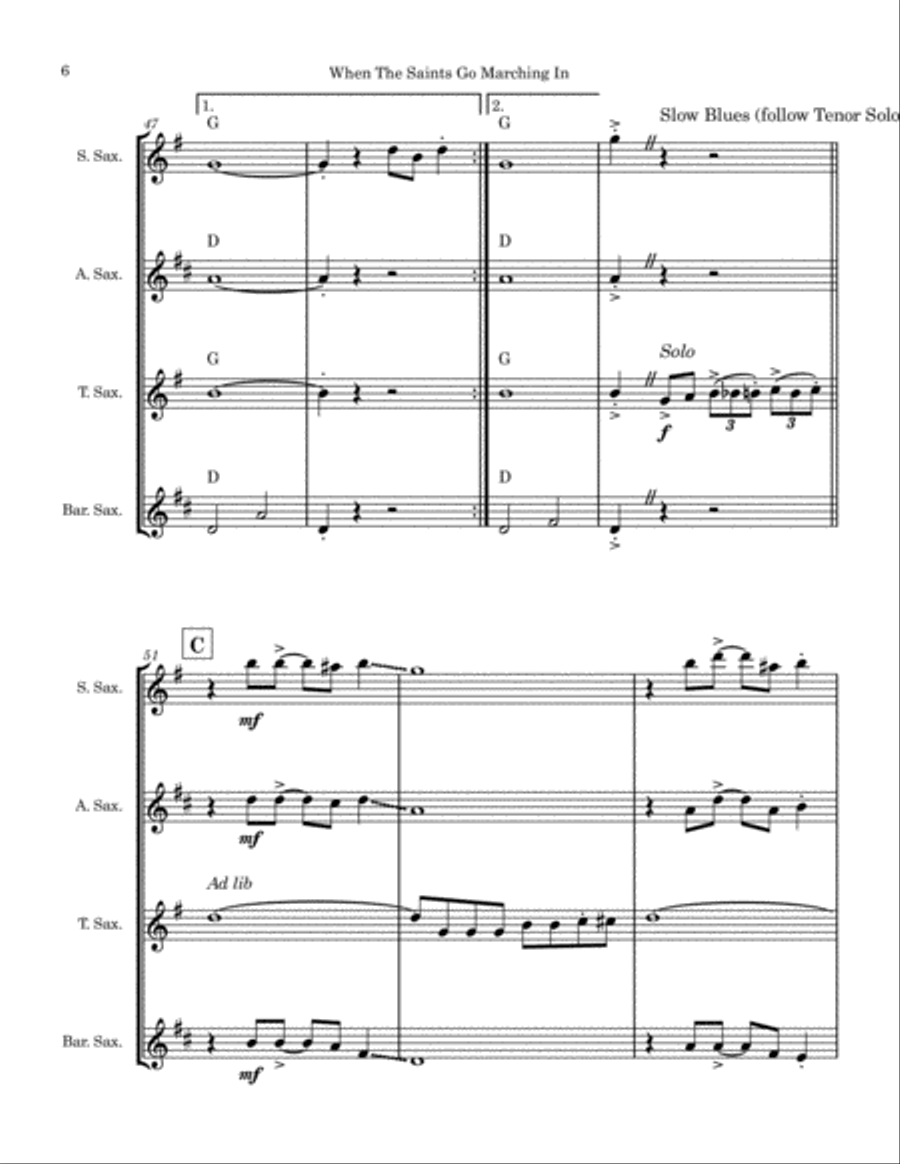 When The Saints Go Marching In (Saxophone Quartet) Saxophone Quartet scores gallery preview page 6