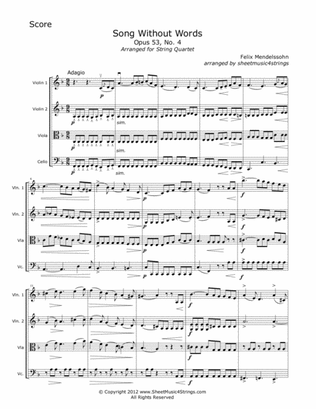 Mendelssohn, F., - "Song Without Words" for String Quartet
