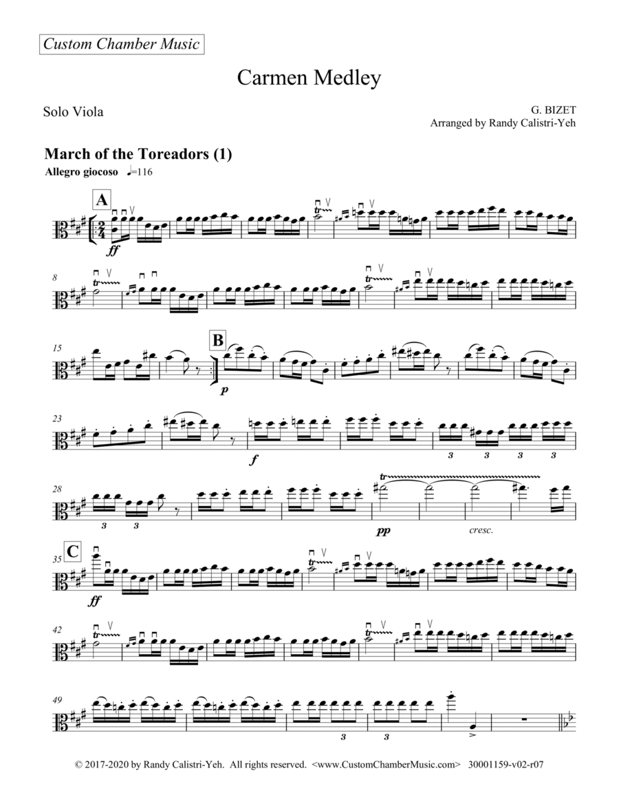 Bizet Carmen Medley (solo viola) Viola Solo scores gallery preview page 1
