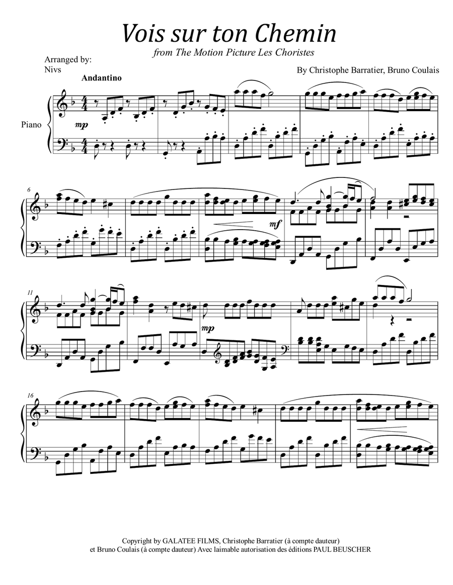 Vois Sur Ton Chemin Piano Solo scores gallery preview page 1