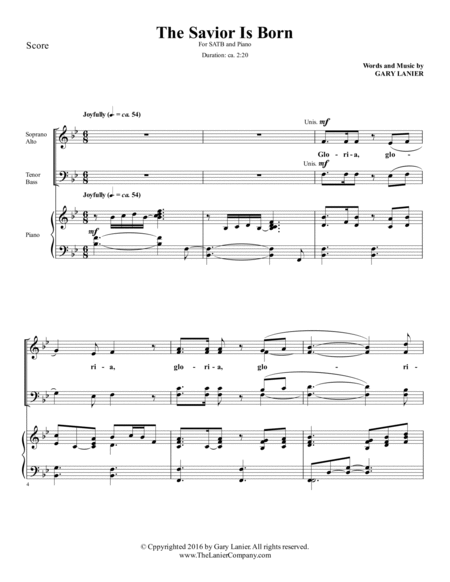 THE SAVIOR IS BORN, SATB Choir and Piano (Score and Parts included) image number null