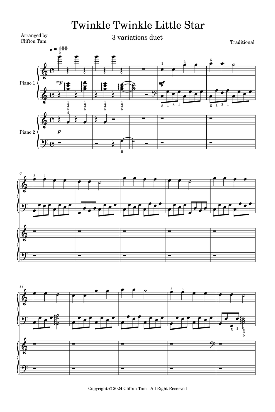 Twinkle Twinkle Little Stars in 3 variations (Duet) Easy Piano scores gallery preview page 1