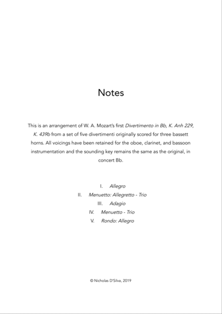 W. A. Mozart - Divertimento No. 1 in Bb, K. 439b arranged for oboe, clarinet and bassoon