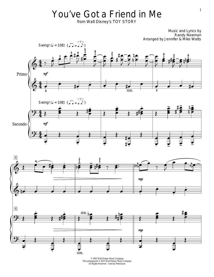 You've Got A Friend In Me (from Toy Story) Piano Duet scores gallery preview page 1