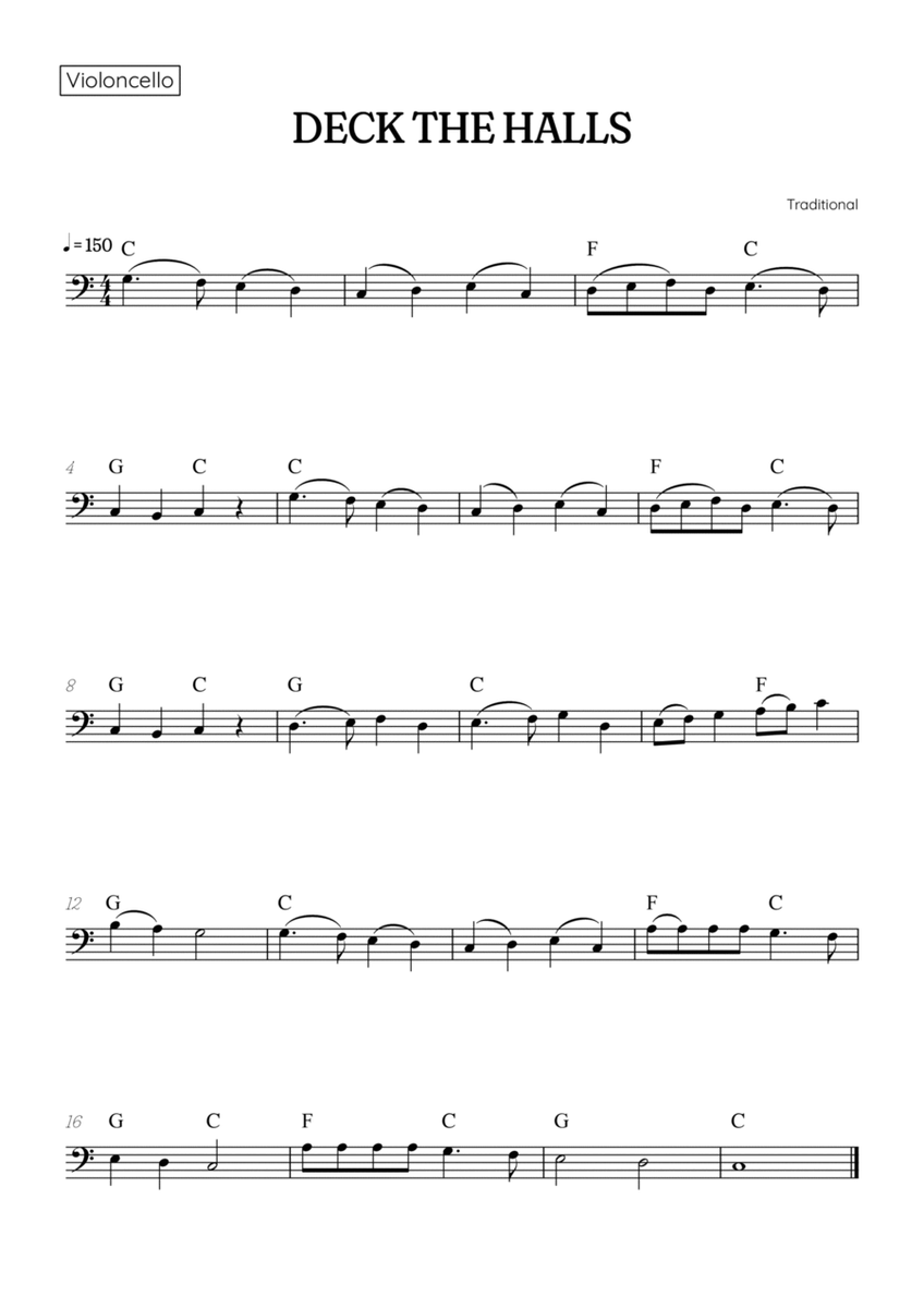 Deck the Halls for cello • easy Christmas song sheet music with chords image number null