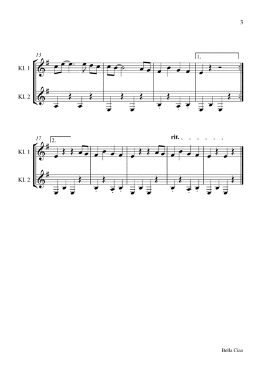 Bella Ciao for two Clarinets Clarinet Duet scores gallery preview page 3