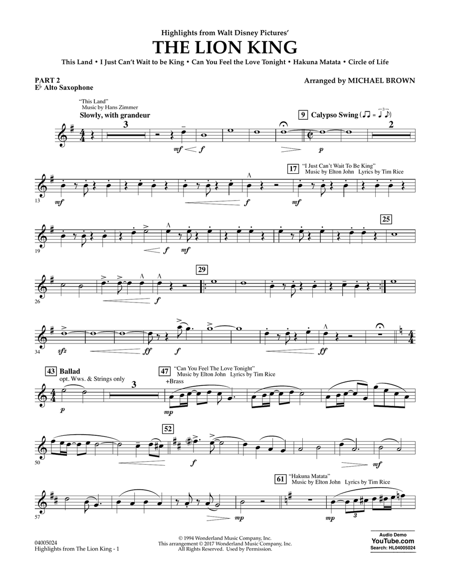 Highlights from The Lion King - Pt.2 - Eb Alto Saxophone