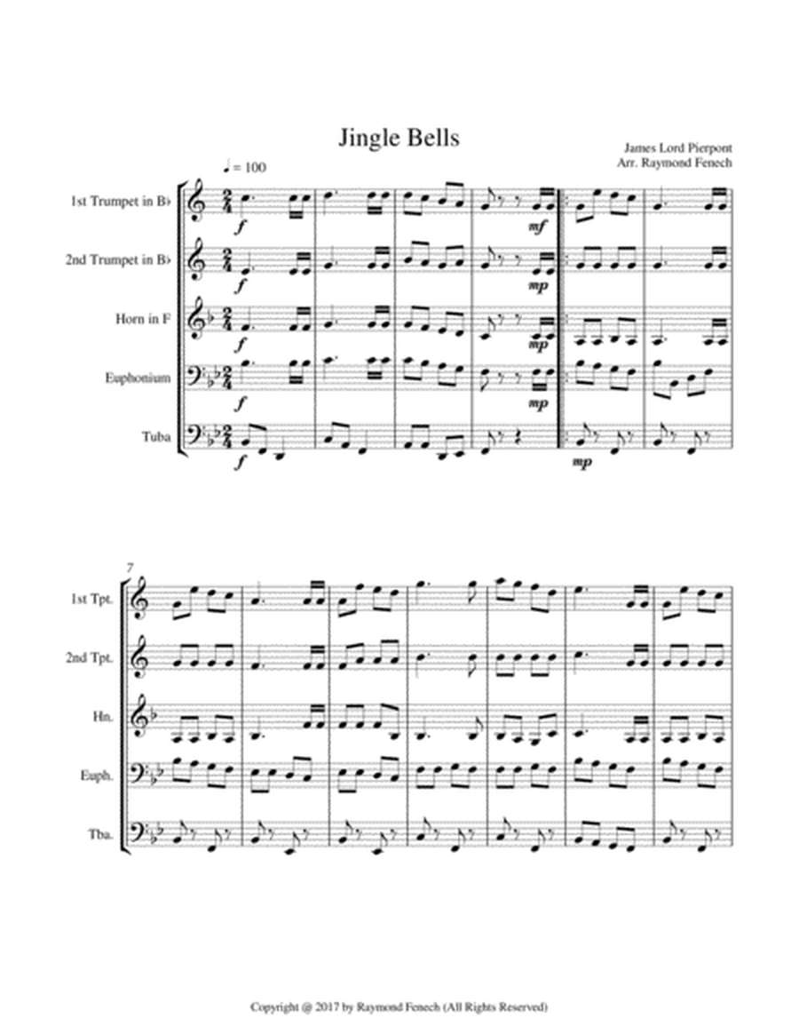 Jingle Bells - Christmas Sing along (For Brass Quintet - 2 Trumpets, Horn, Euphonium and Tuba) image number null