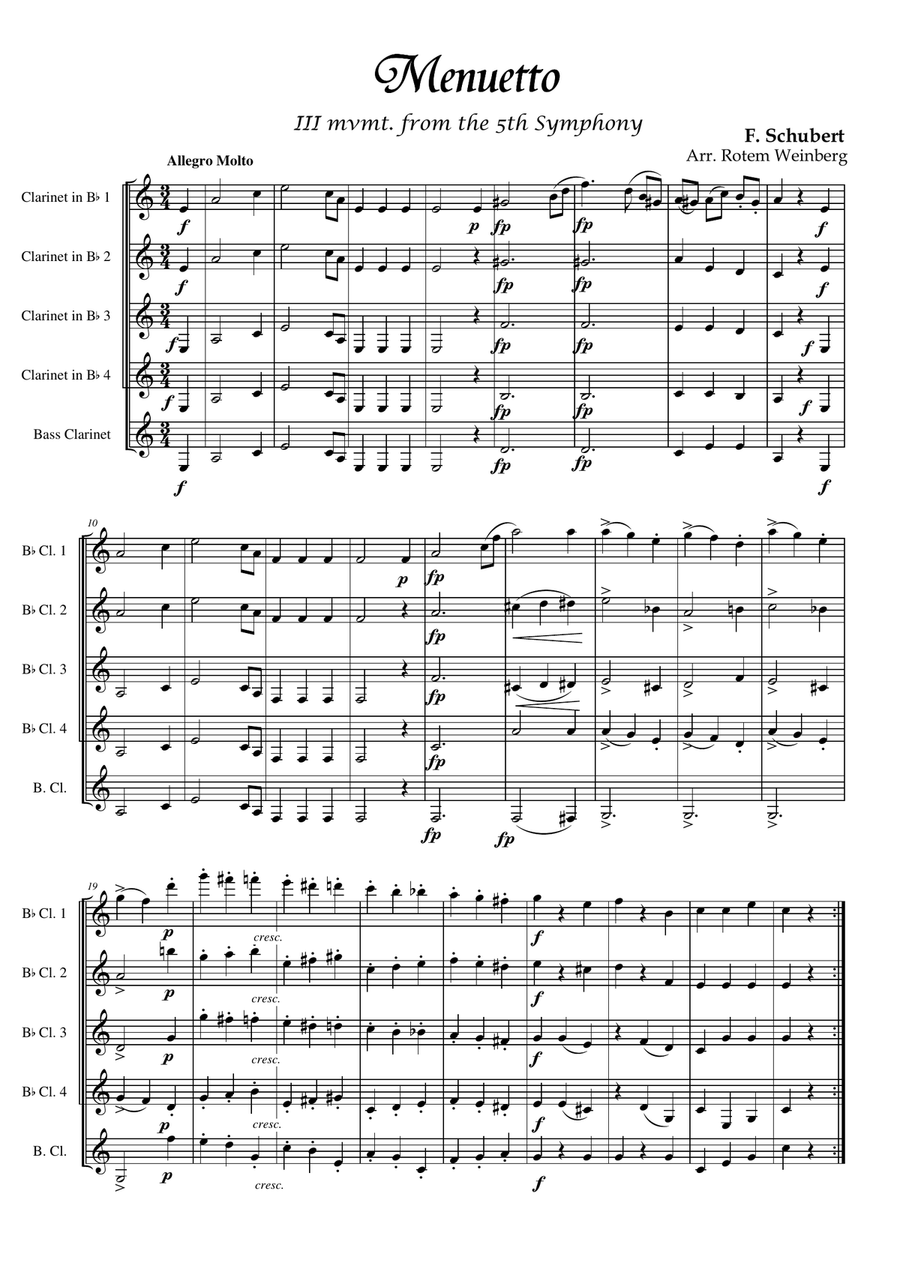 Menuetto from Symphony No.5 (Clarinet Quintet) Clarinet Quintet scores gallery preview page 1