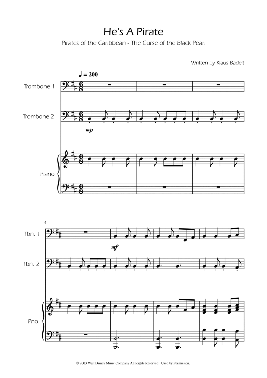 He's A Pirate He's A Pirate Trombone Duet scores gallery preview page 1
