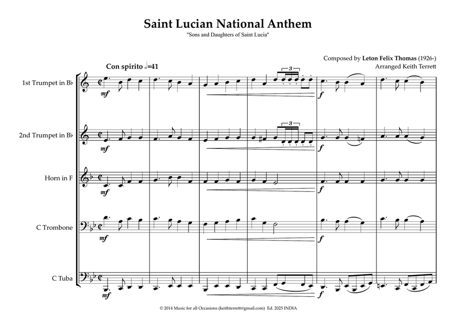 Saint Lucian National Anthem ''Sons and Daughters of Saint Lucia'' for Brass Quintet Brass Quintet scores gallery preview page 2