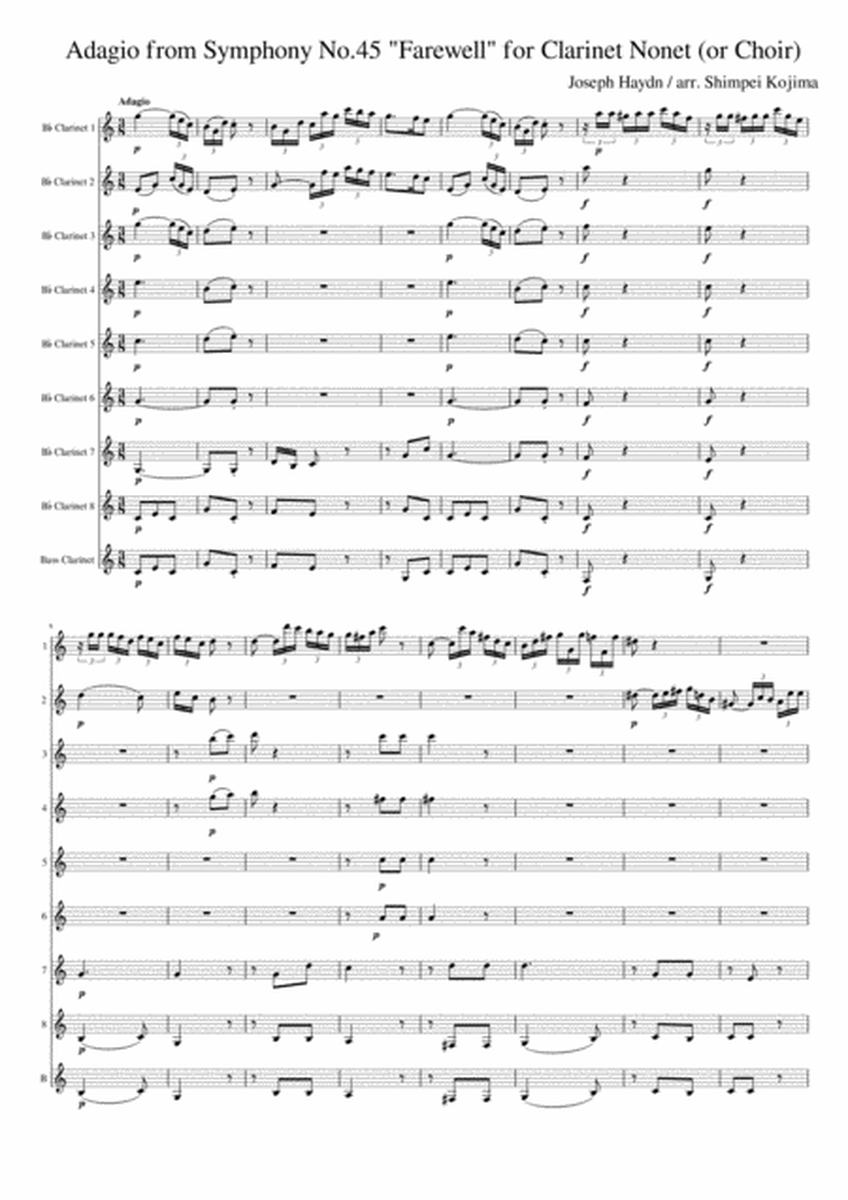 Haydn : Adagio from Symphony No.45 "Farewell" for clarinet nonet (or clarinet choir) image number null