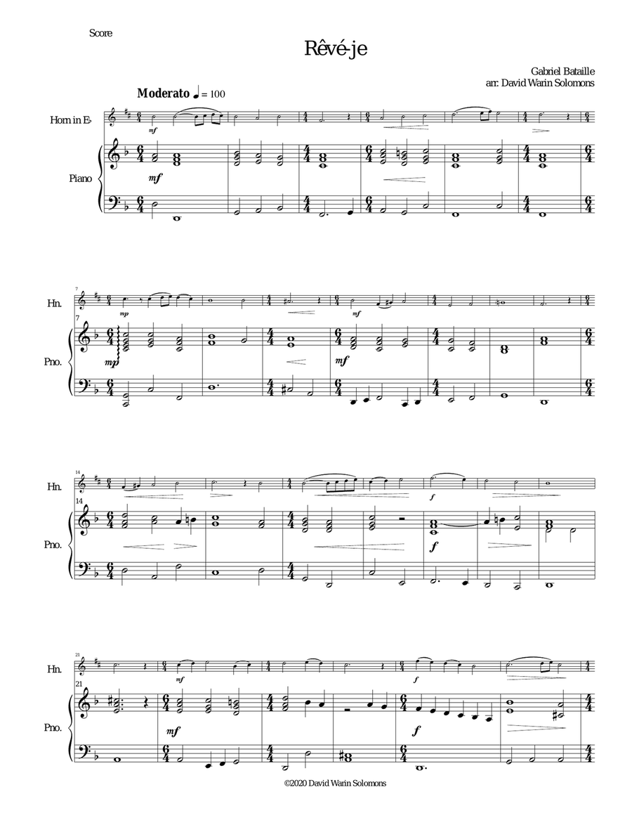 Rêvé-je (after Gabriel Bataille) for tenor horn (horn in E flat) and piano image number null