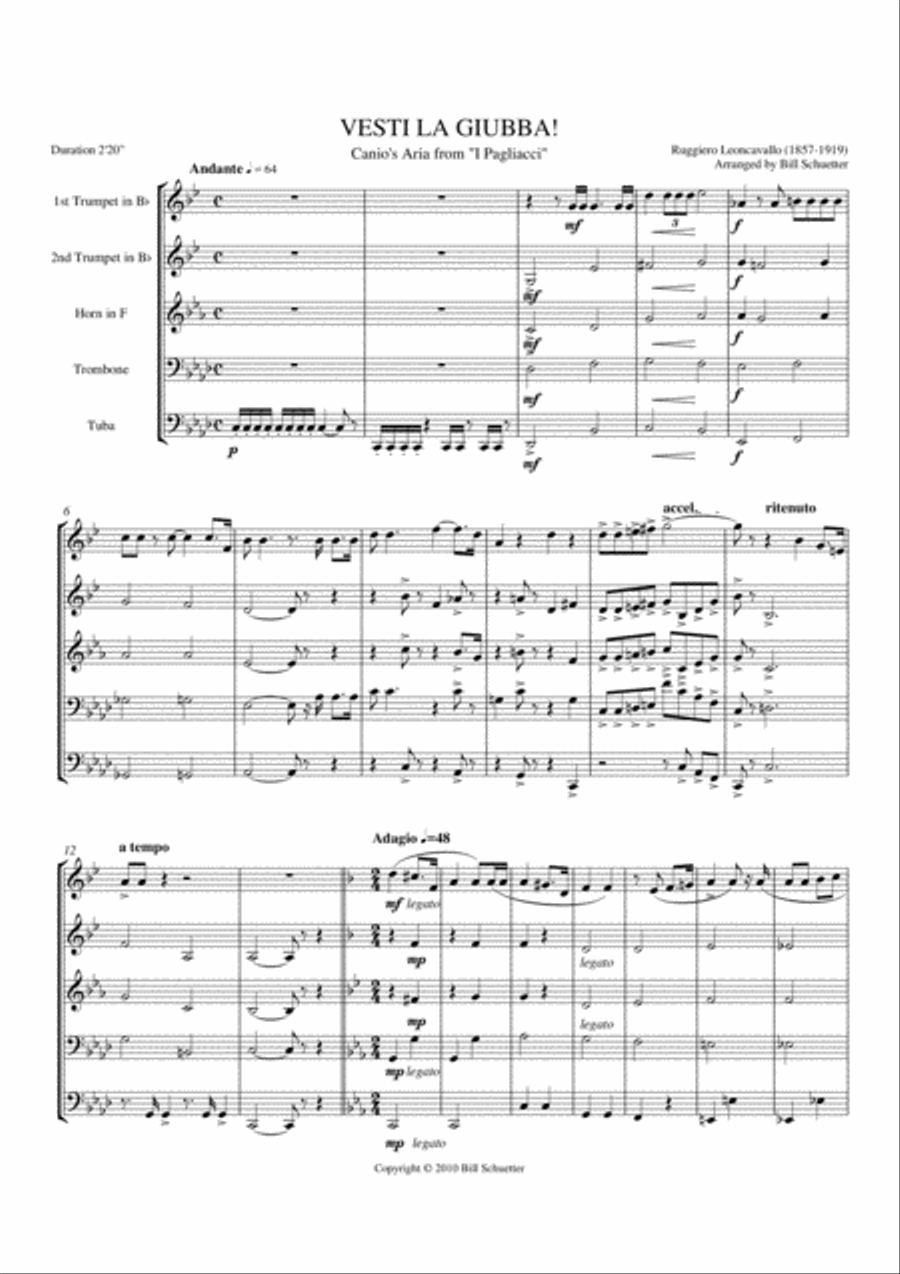 Vesti La Giubba from I Pagliacci Brass Quintet scores gallery preview page 1