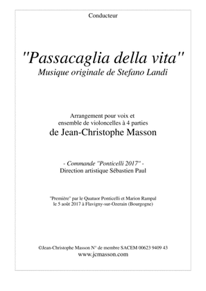 Book cover for Passacaglia della vita Music by Stefano Landi, for voice and 4 cellos --- arrangement by Jean-Christ