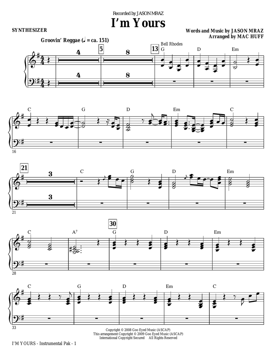 I'm Yours - Synthesizer Choir scores gallery preview page 1