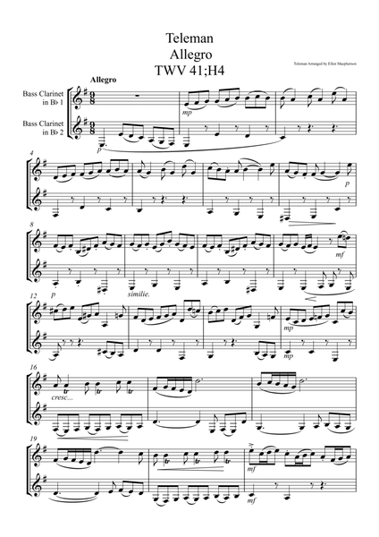 Bass Clarinet Duet - Allegro by Teleman