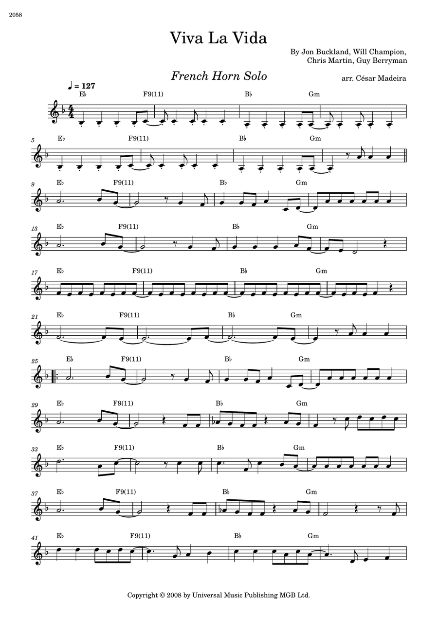 Viva La Vida Viva La Vida Horn Solo scores gallery preview page 1