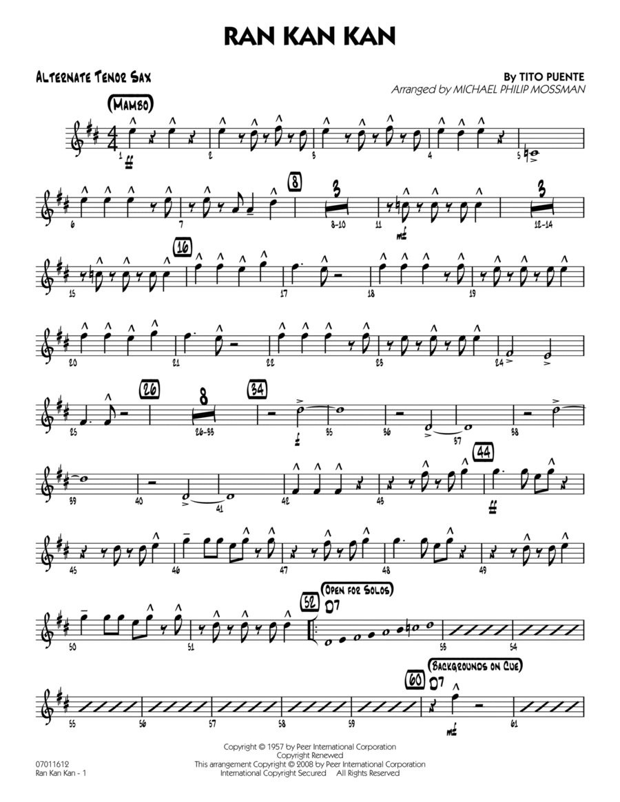 Ran Kan Kan - Alternate Tenor Sax Tenor Saxophone scores gallery preview page 1