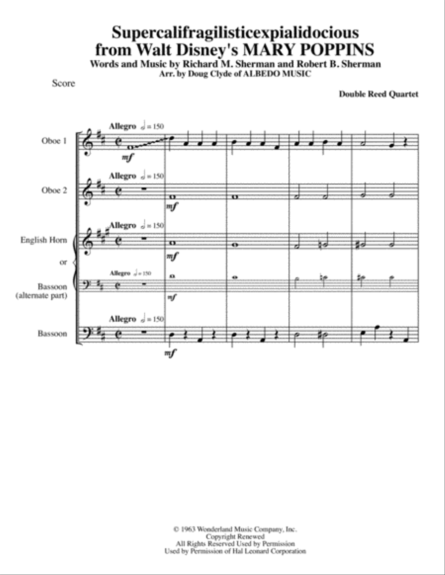 Supercalifragilisticexpialidocious from Walt Disney's MARY POPPINS Woodwind Quartet scores gallery preview page 1