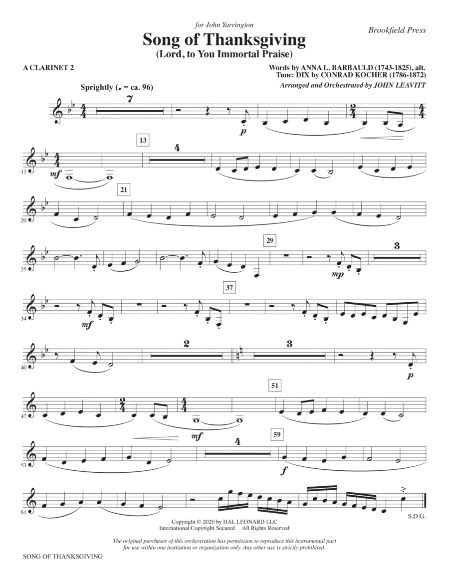 Song Of Thanksgiving Lord To You Immortal Praise Arr Leavitt A Clarinet 2 By Conrad Song Of Thanksgiving Lord To You Immortal Praise Arr Leavitt A Clarinet 2 By Conrad