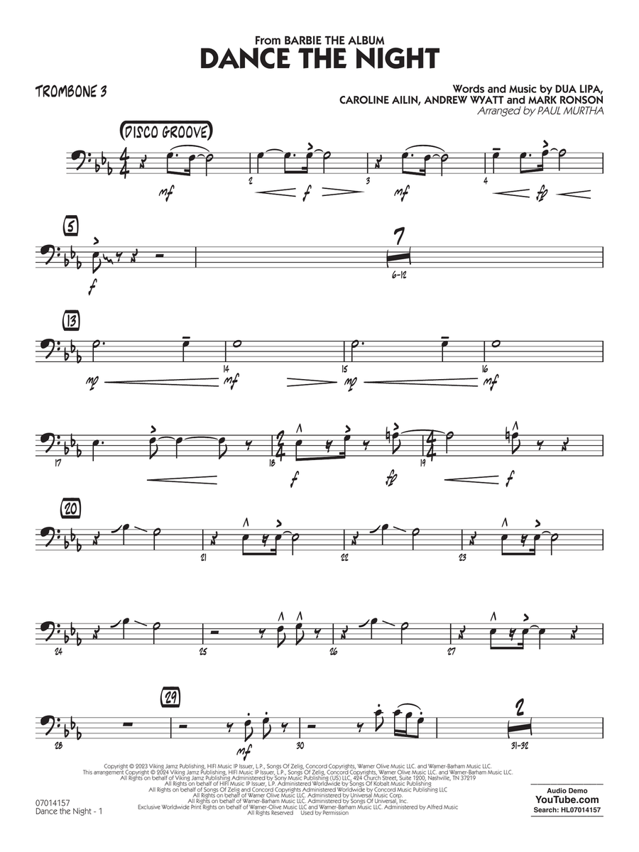 Dance The Night (from Barbie) (arr. Murtha) - Trombone 3