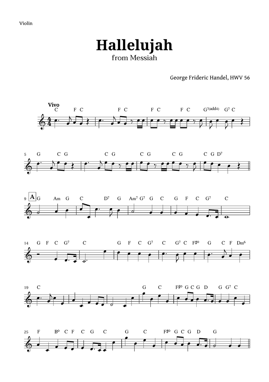Hallelujah by Handel for Violin with Chords Violin Solo scores gallery preview page 1