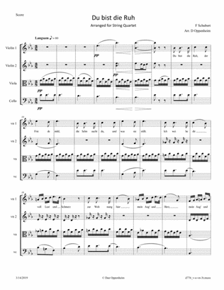 Schubert: "Du bist die Ruh" (D 776) Arranged for String Quartet; Option: Replace Violin 1 with Voice