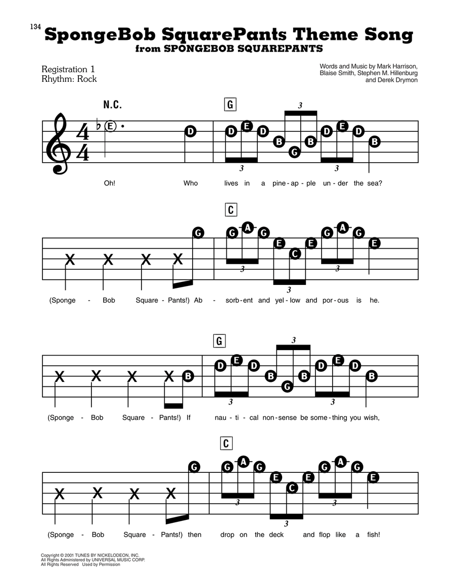 SpongeBob SquarePants Theme Song Electronic Keyboard scores gallery preview page 1