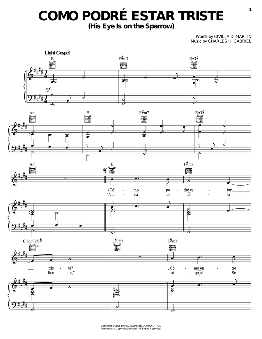 Como Podre Estar Triste (His Eye Is On The Sparrow) Piano, Vocal, Guitar scores gallery preview page 1