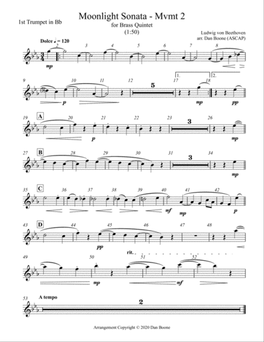 Moonlight Sonata, 2nd Movement in Db Major (original key) for Brass Quintet Brass Quintet scores gallery preview page 5