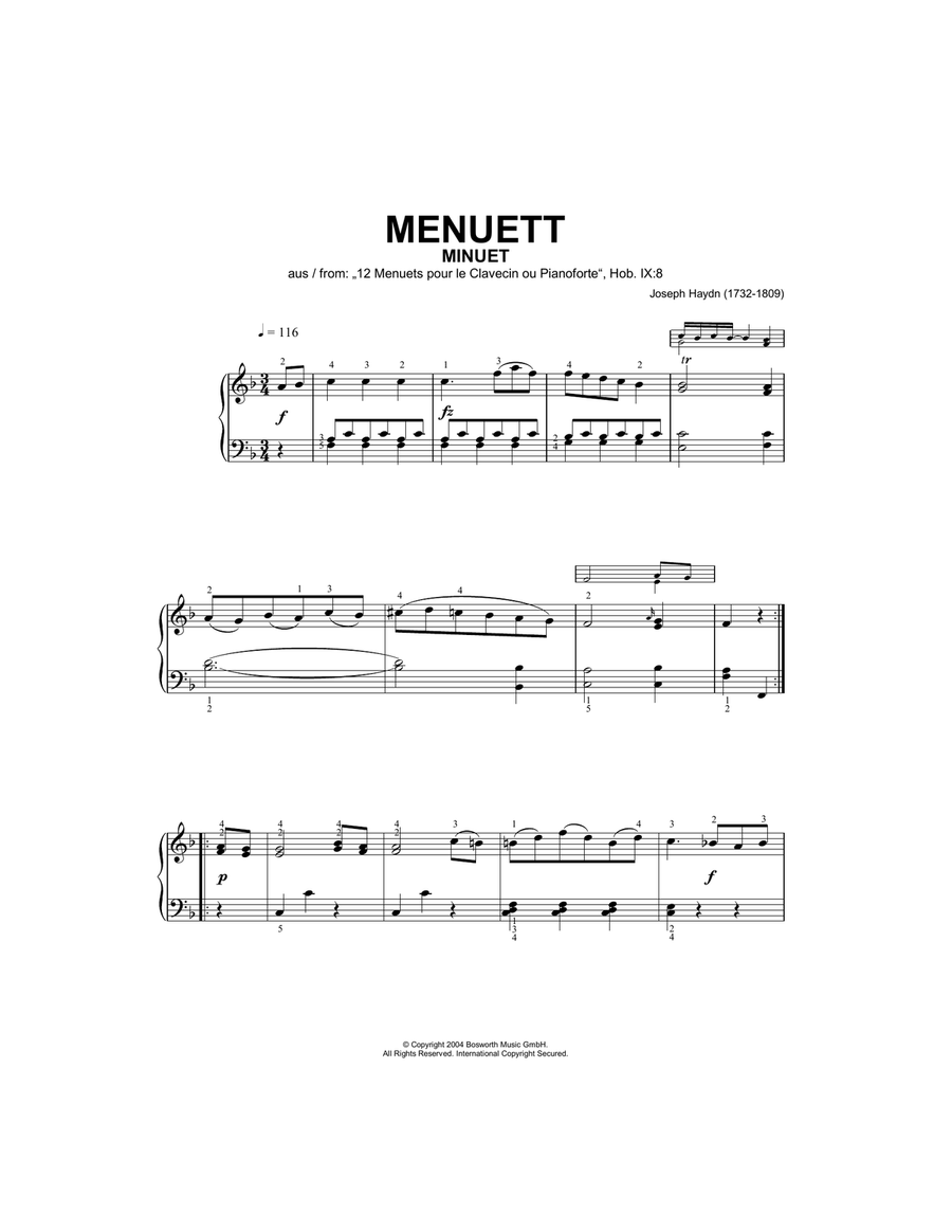 Minuet, From 12 Menuets Pour Le Clavecin Ou Pianoforte Piano Solo scores gallery preview page 1